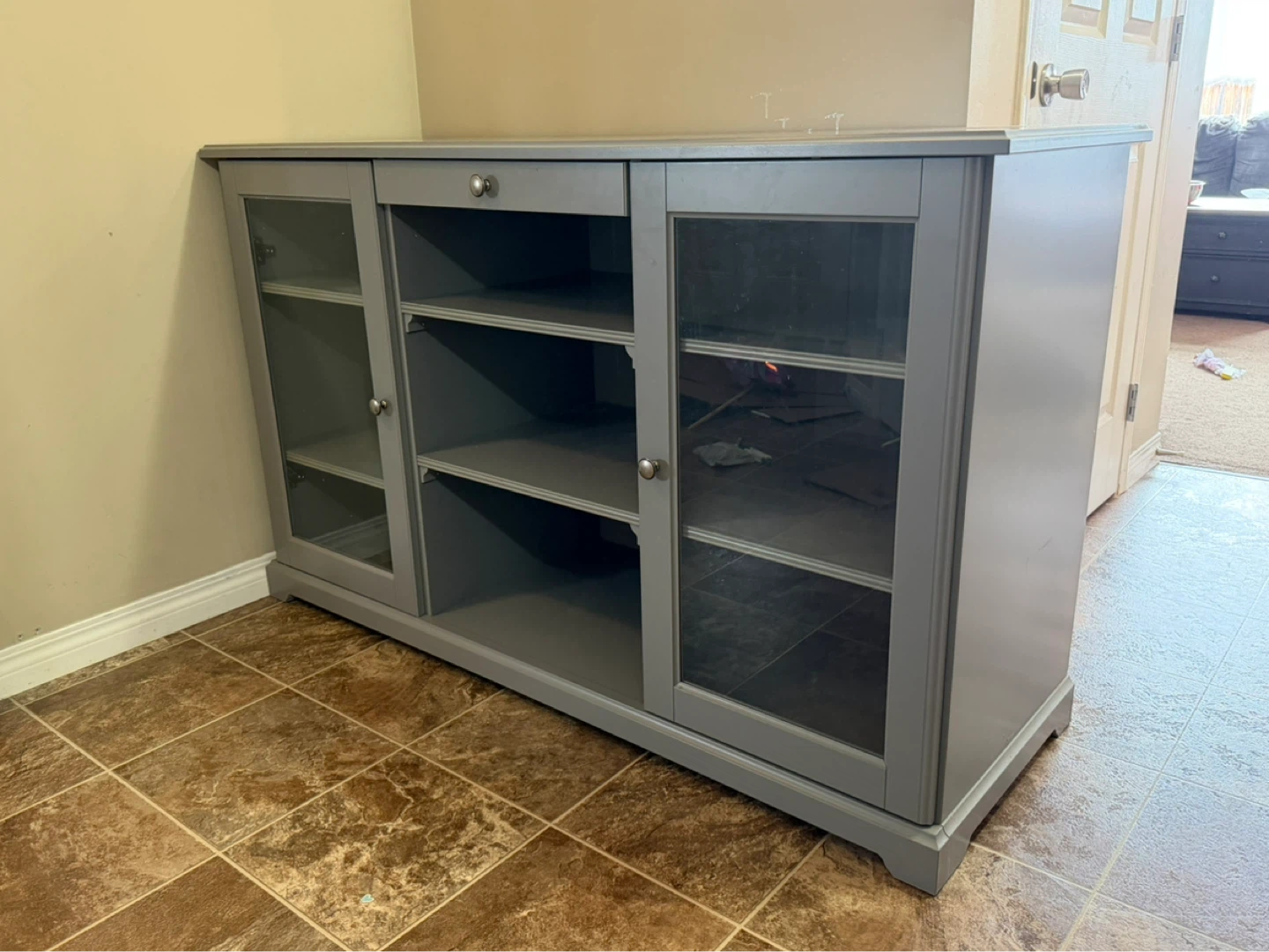 Grey Media Console with Glass Doors