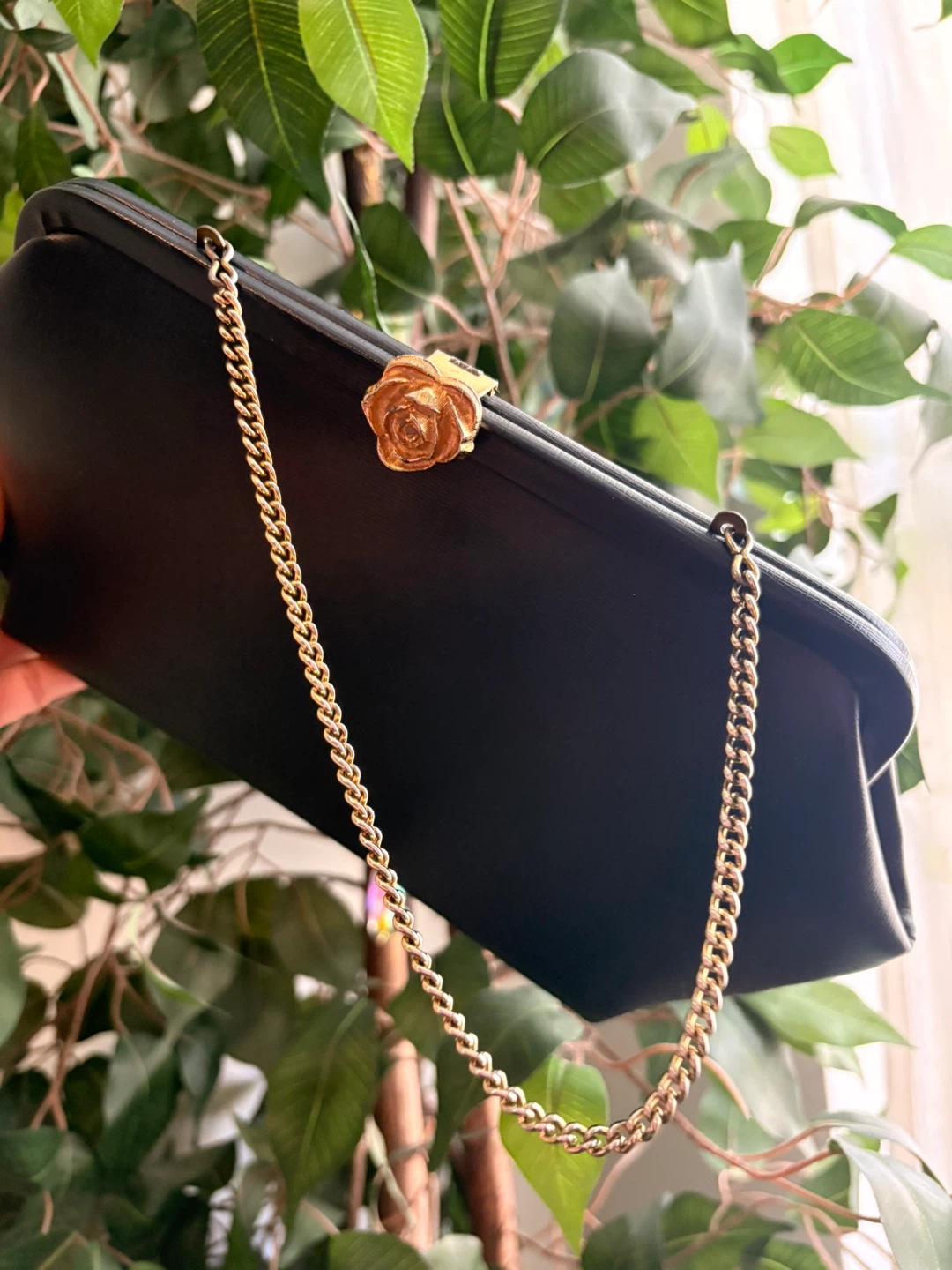 Vintage Black Clutch Purse with Gold Chain and Rose Clasp