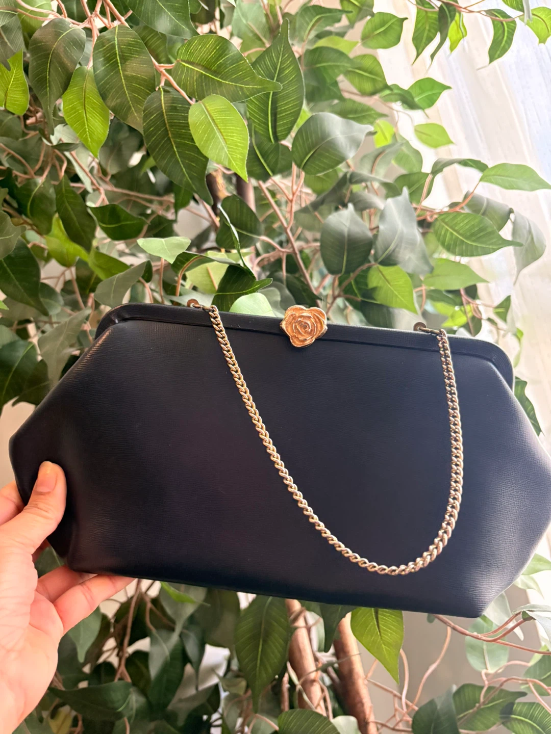 Vintage Black Clutch Purse with Gold Chain and Rose Clasp - photo 2