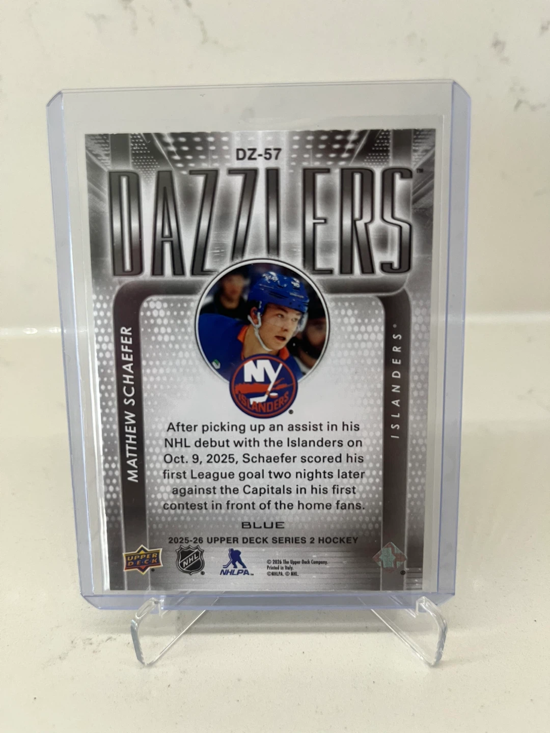 2025-26 Upper Deck S2 Matthew Schaefer Blue Dazzlers Hockey Card - photo 2