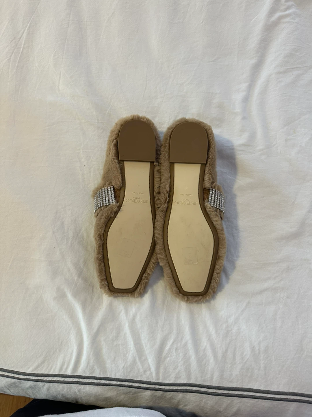 Authentic Jimmy Choo Faux Fur Slippers with Rhinestone Buckle - photo 2
