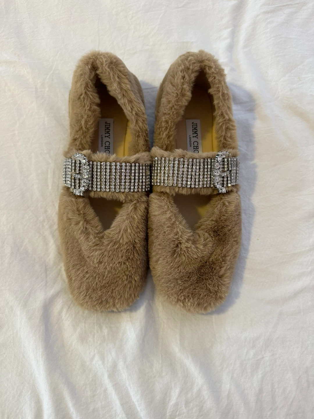 Authentic Jimmy Choo Faux Fur Slippers with Rhinestone Buckle