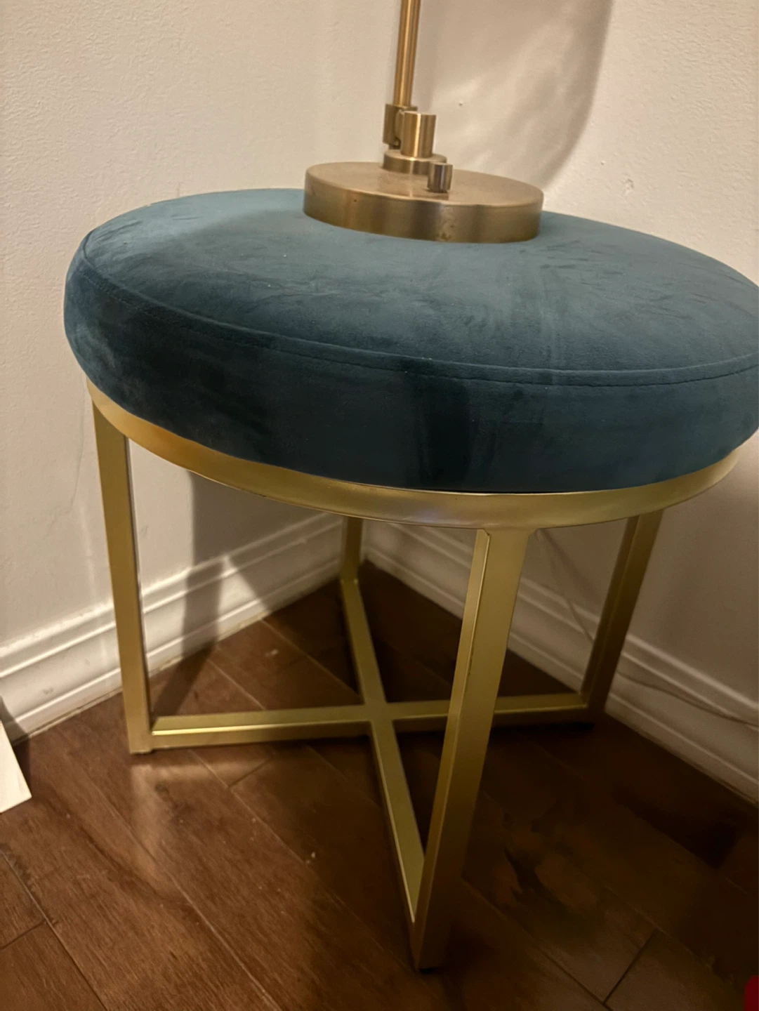 Teal Velvet Round Ottoman Stool with Gold Base
