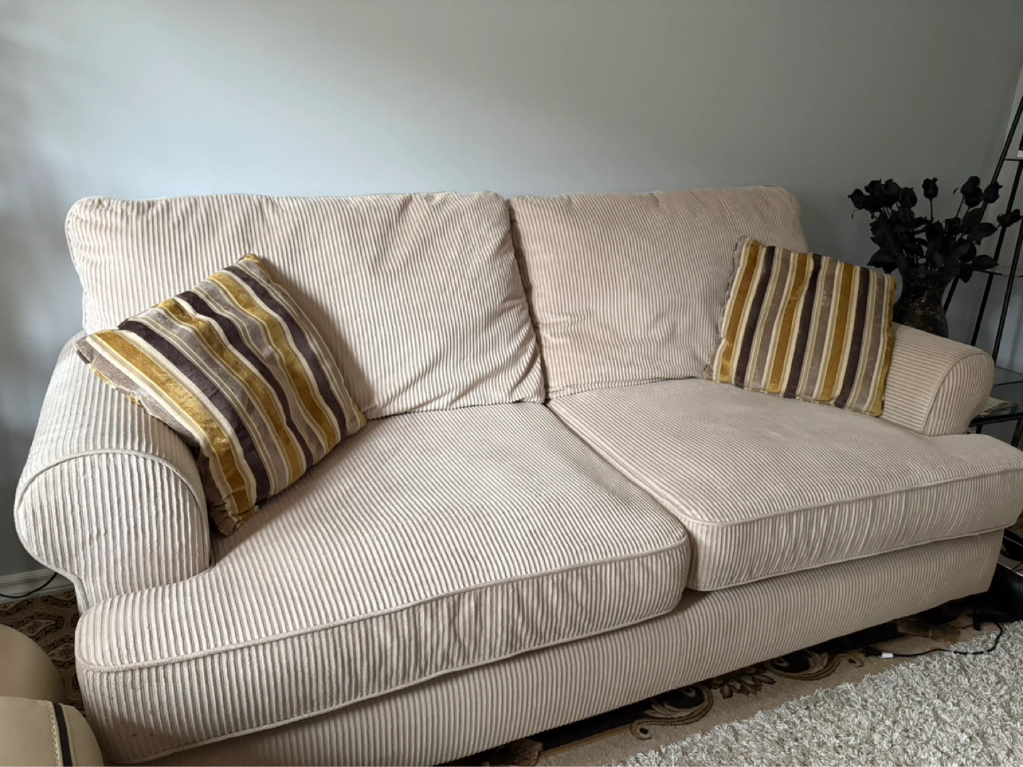 Cream Corduroy Sofa with Accent Pillows - photo 3