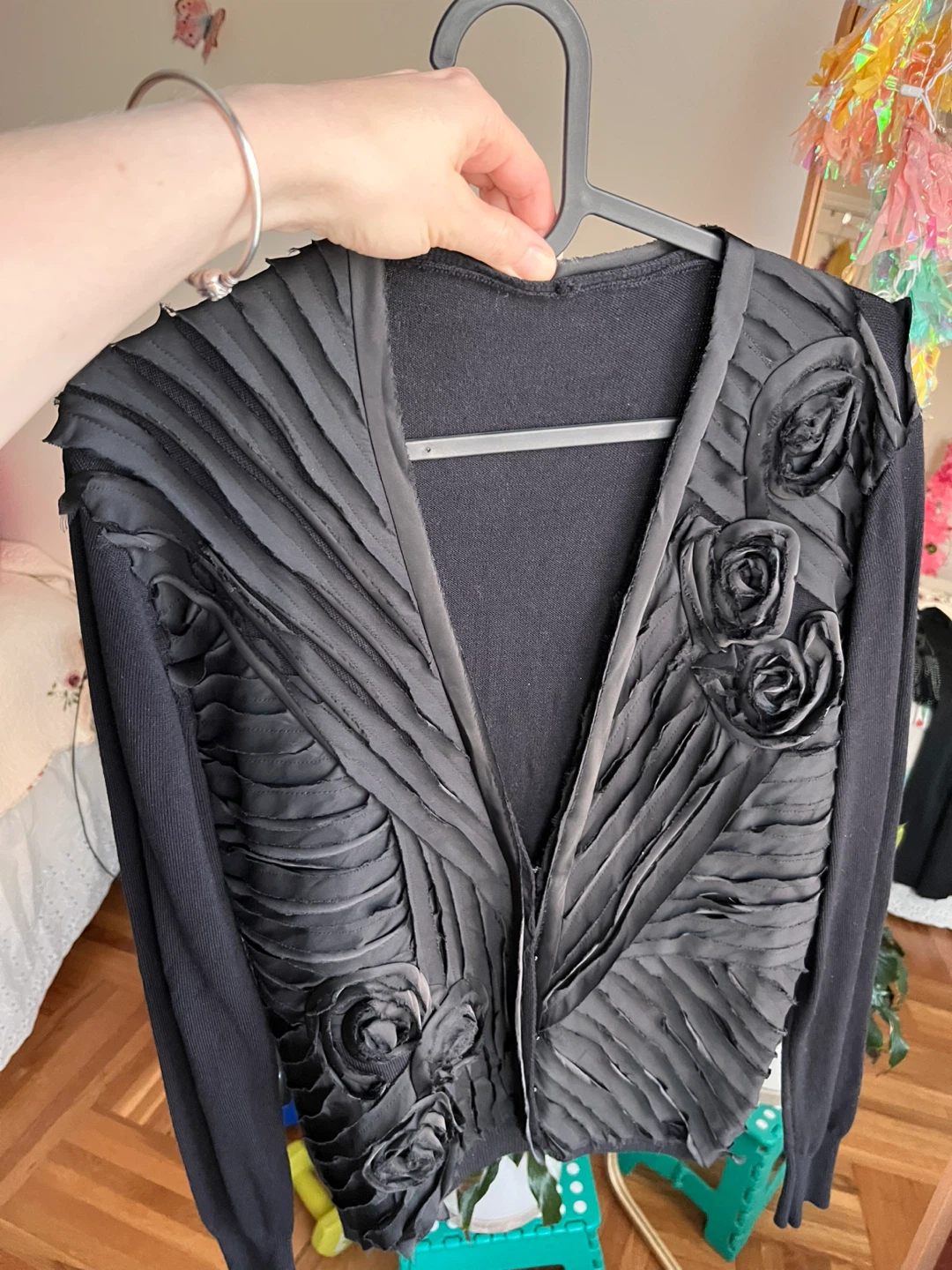 Black Cardigan with Rosette Embellishments ( cotton)