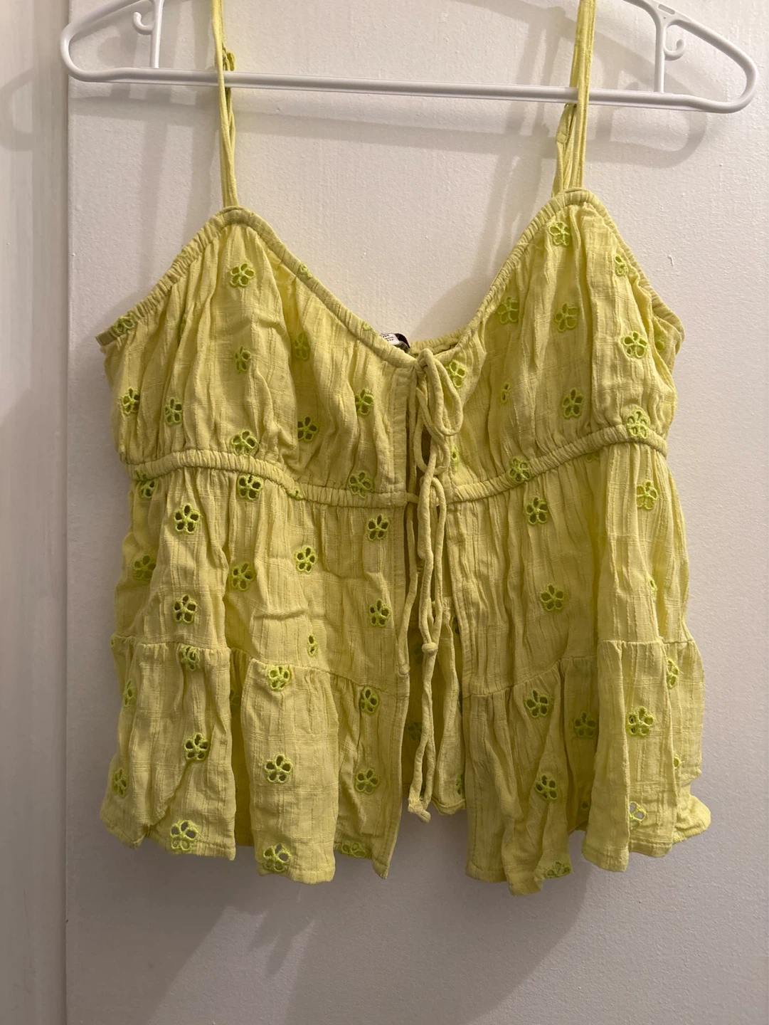 Yellow Eyelet Floral Tie Front Camisole Top