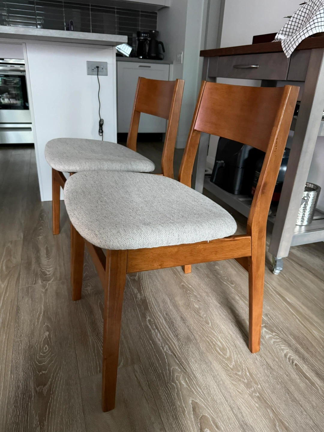 Set of 2 Wooden Dining Chairs with Grey Upholstered Seats