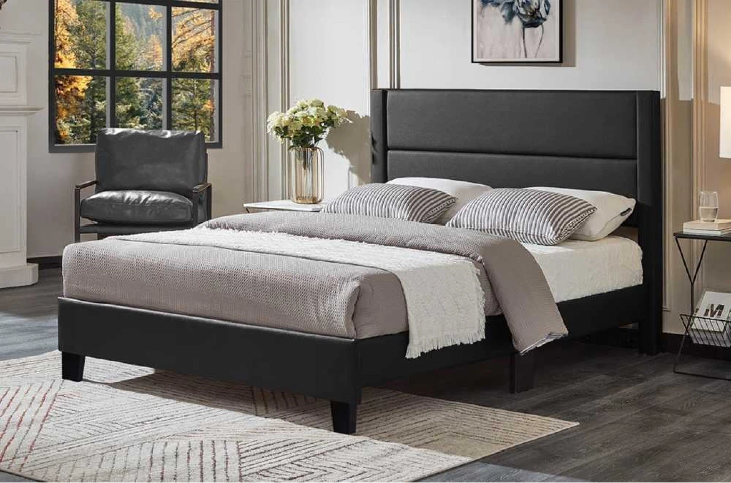 Black Faux Leather Platform Bed Frame