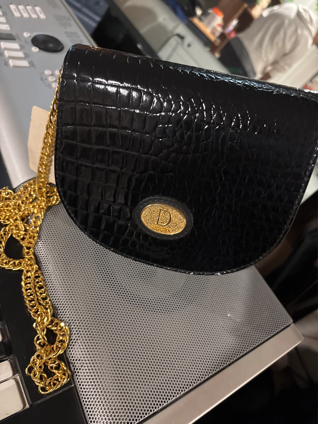 Black Crocodile-Embossed Chain Bag