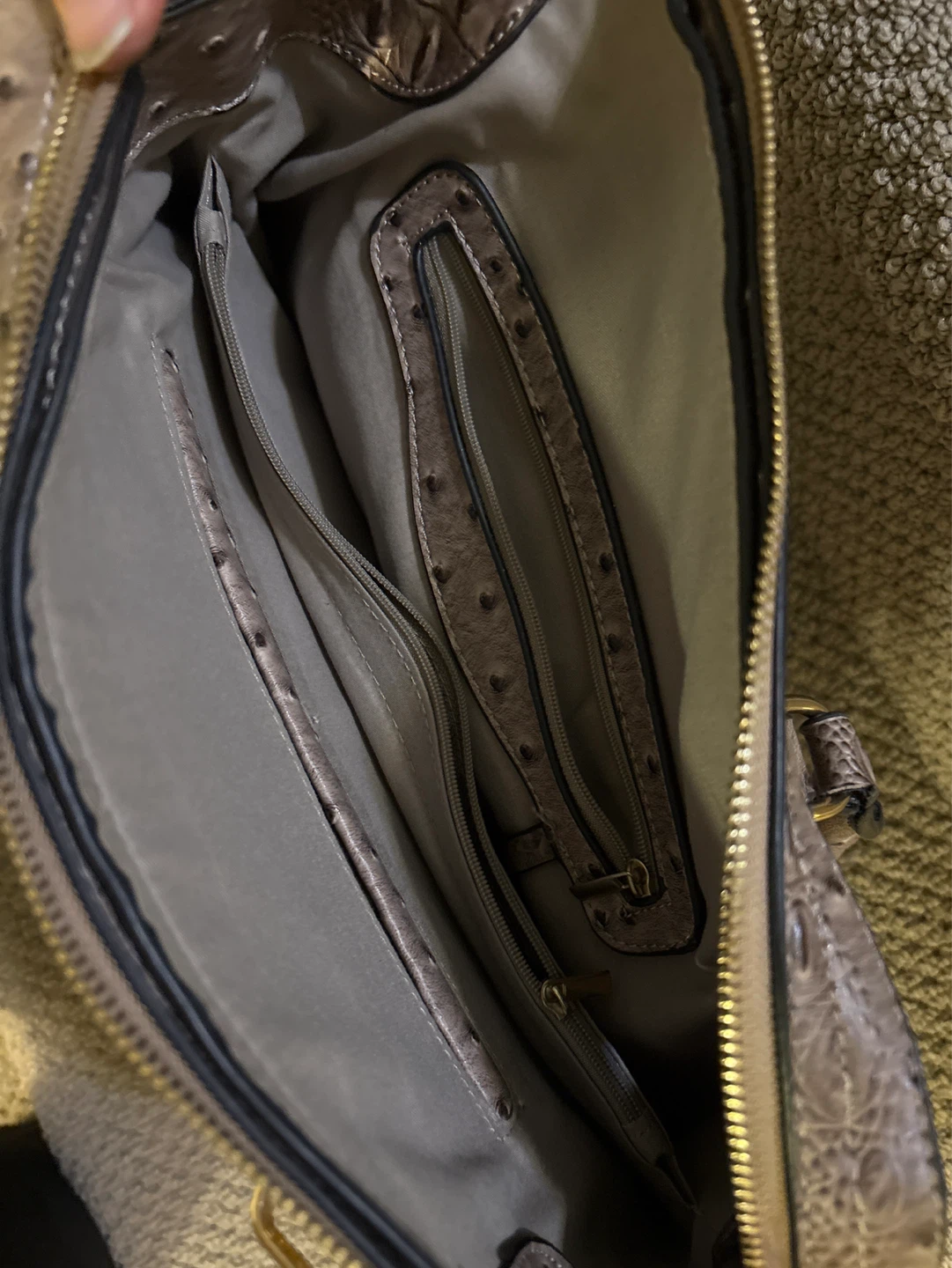 Taupe Ostrich Embossed Satchel Handbag - photo 2
