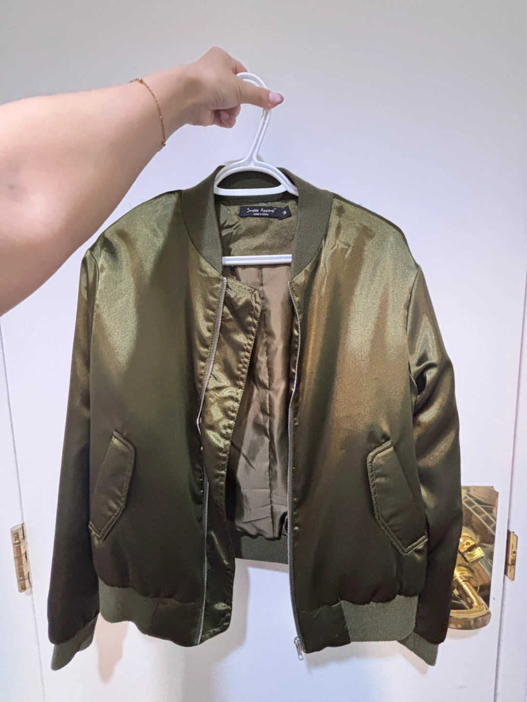 Green Satin 97% cotton Bomber Jacket with Lace-Up Detail - photo 2