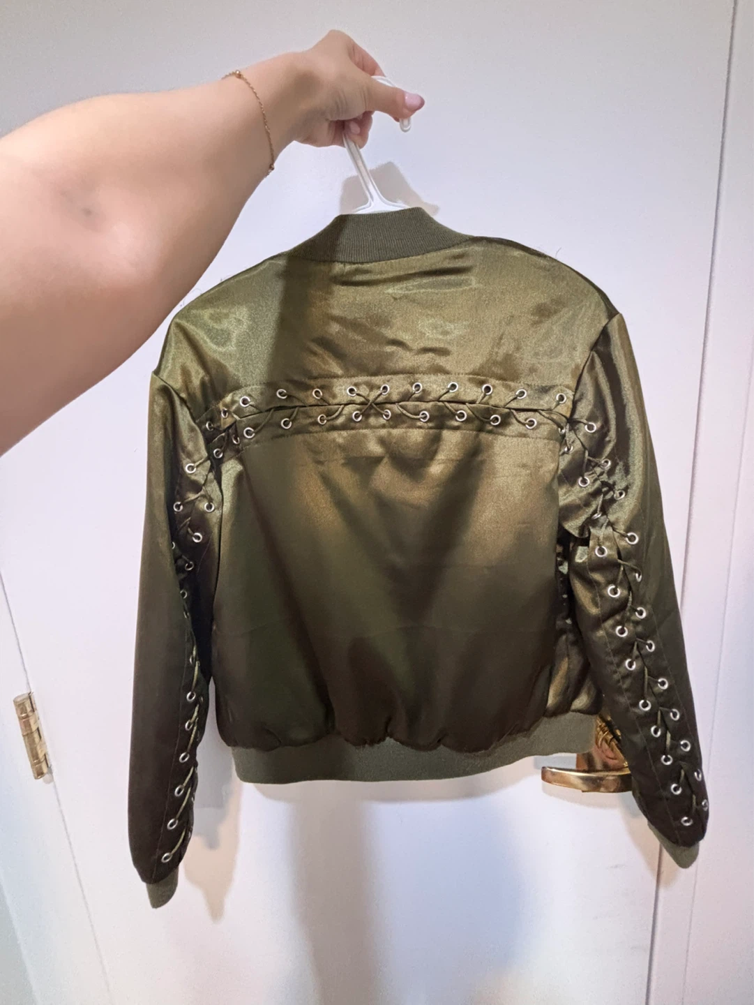 Green Satin 97% cotton Bomber Jacket with Lace-Up Detail