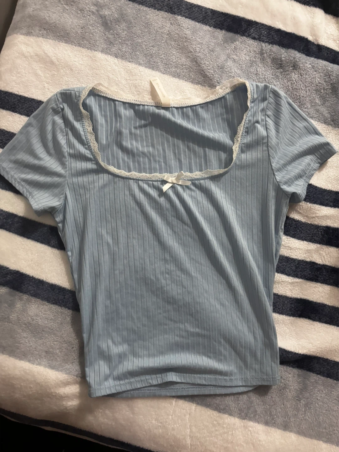 Light Blue Crop Top with Lace Trim