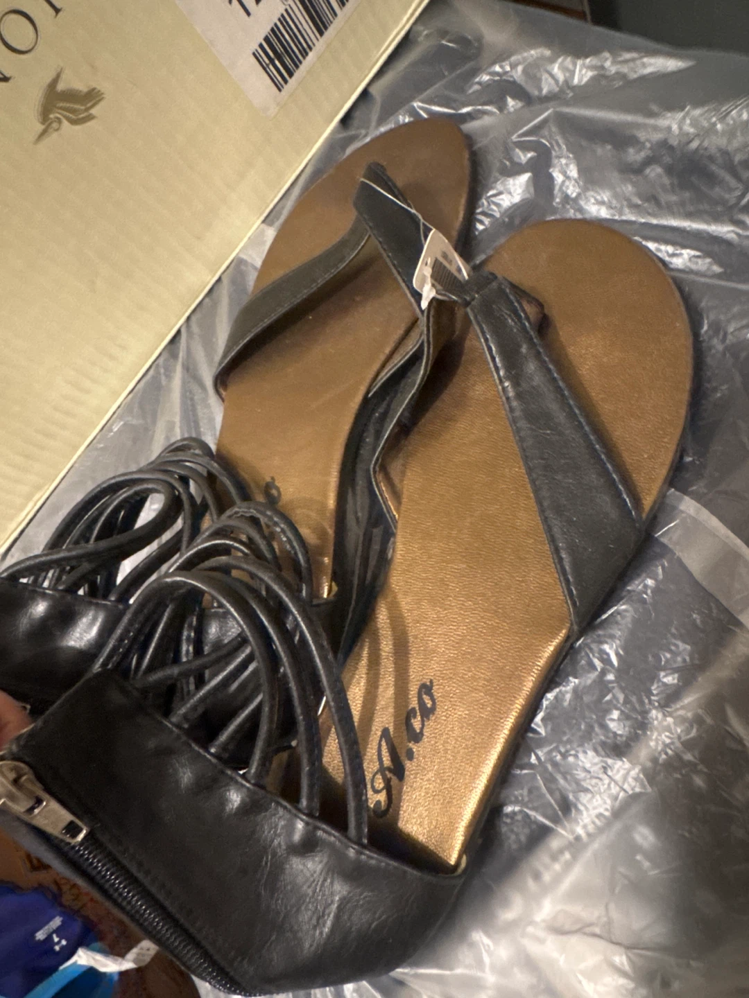 A.co Strappy Gladiator Sandals - Black & Gold, Size 6 - photo 2