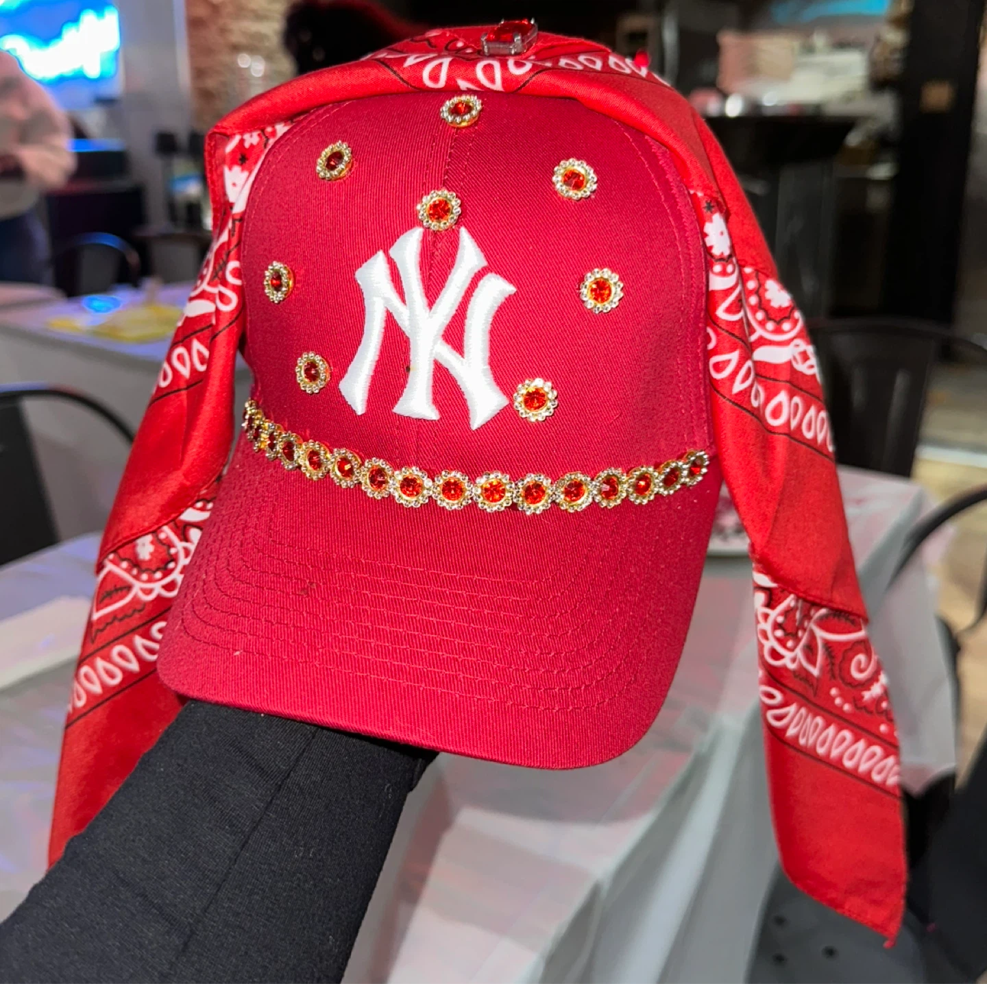 Custom NY Baseball Cap with Red Bandana & Rhinestones