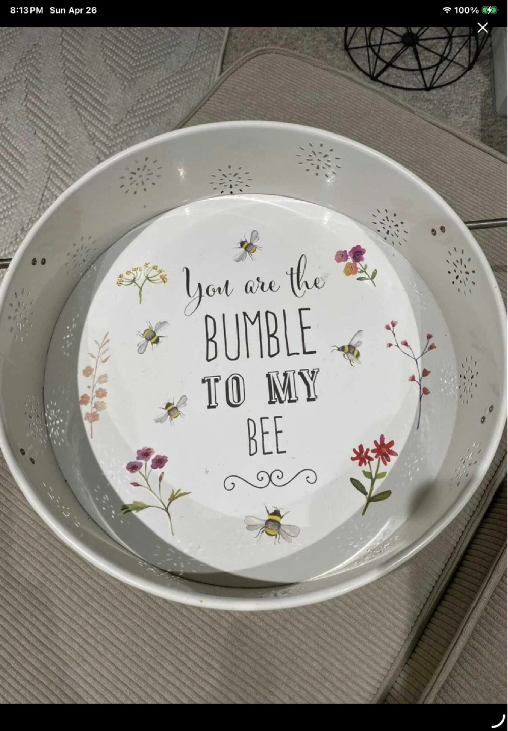 White metal tin with bee design and wooden handles