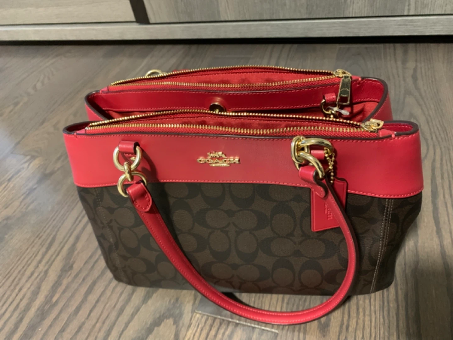 Coach Signature Canvas Red Leather Trim Tote Bag