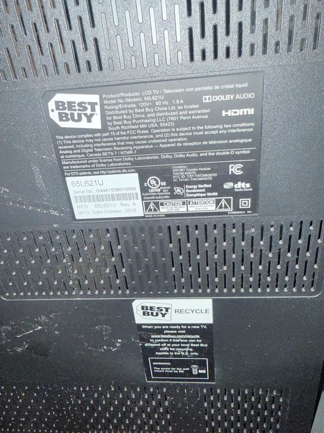 Best Buy 65" LED TV (Model 65L621U)