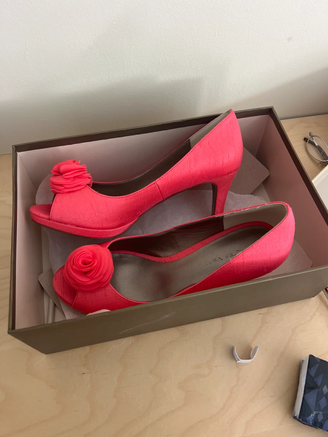 Coral Peep Toe Heels with Flower Accent