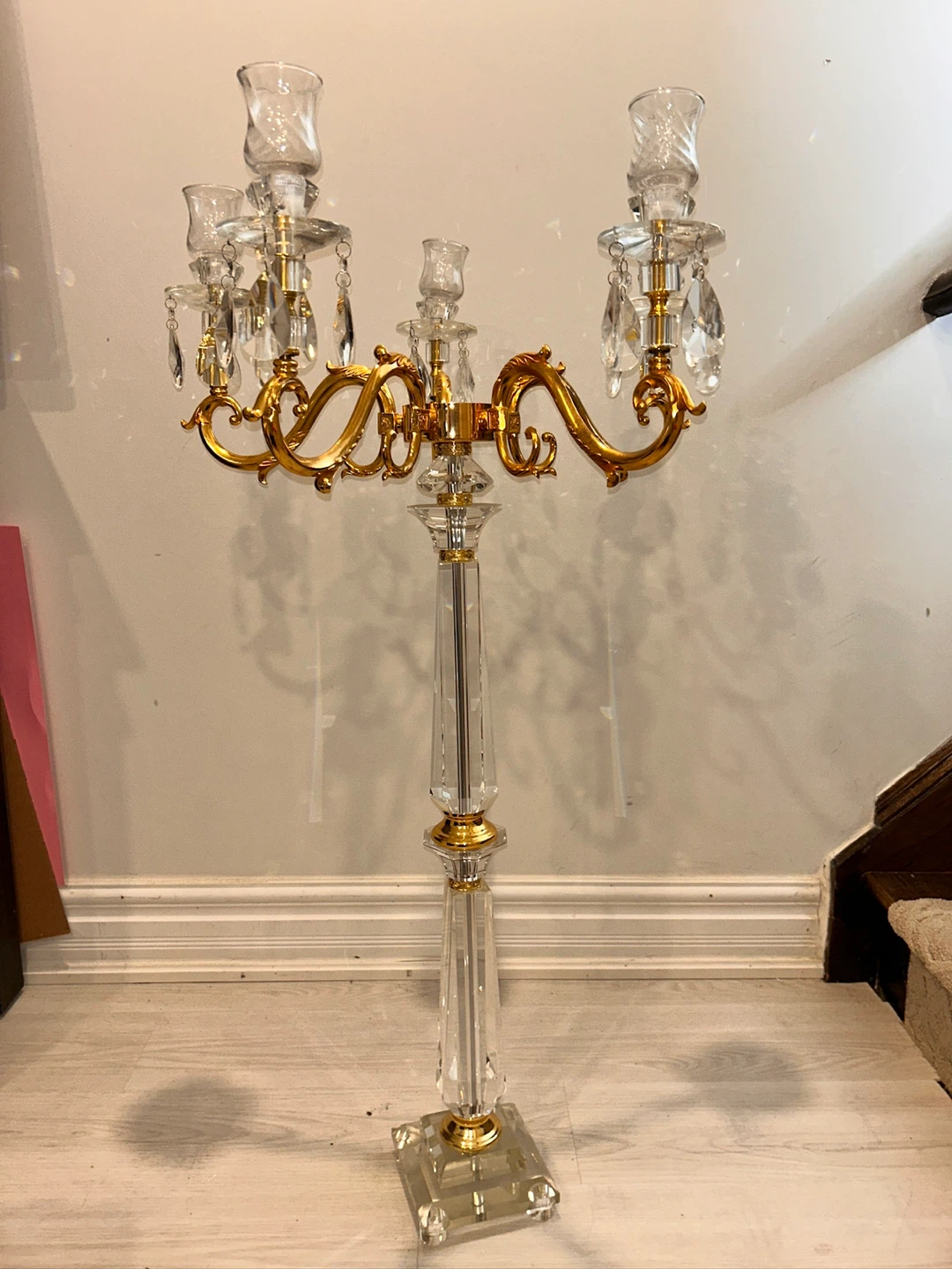 Tall Crystal Candelabra Gold Tone 5 Arms