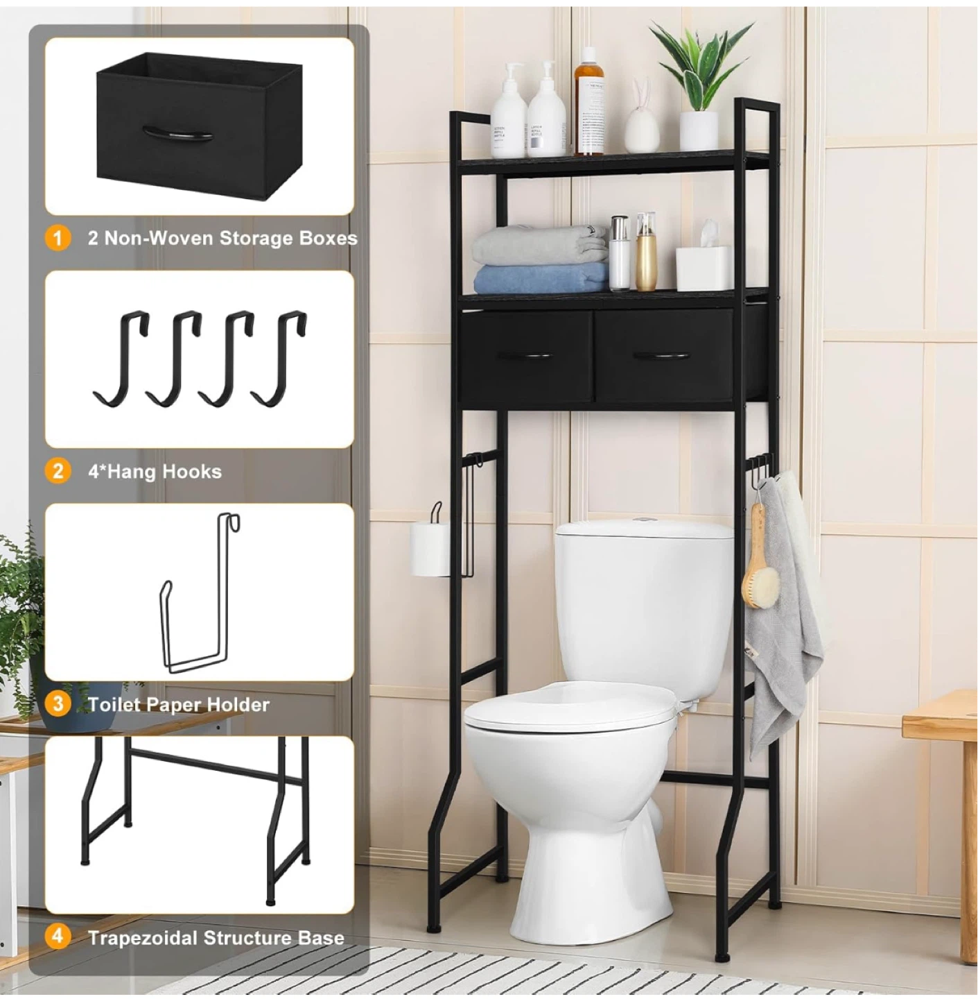 Black Over the Toilet Storage Rack Shelf with Drawers and Hooks