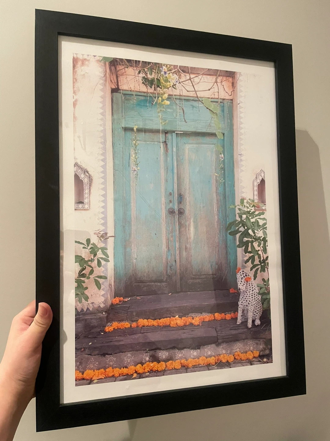 Framed Wall Art Print of Blue Door with Marigolds