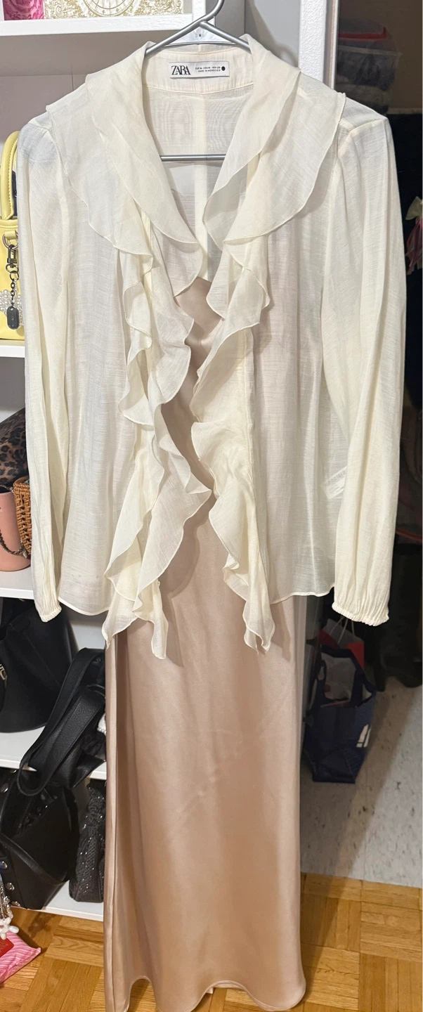 ZARA 🌱 Cream Ruffle Front Blouse and Beige Slip Dress Set