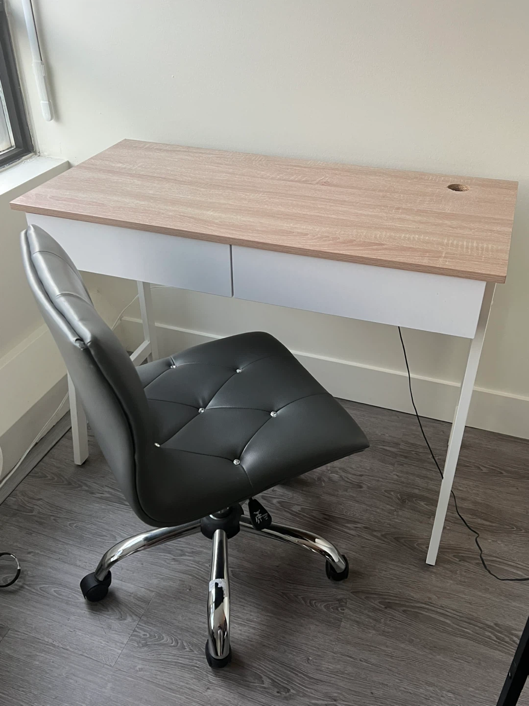 Wooden top desk with two drawers and grommet hole