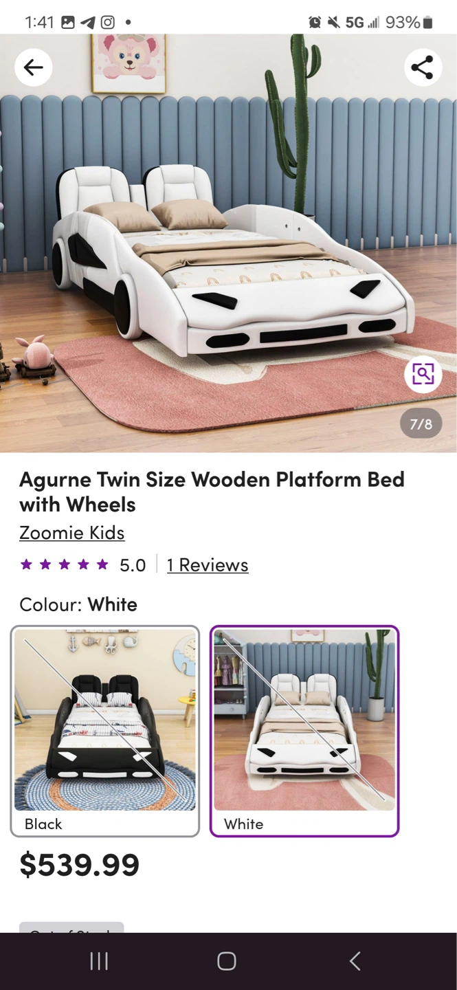 Agurne Twin Size Wooden Platform Bed with Wheels - White - photo 3