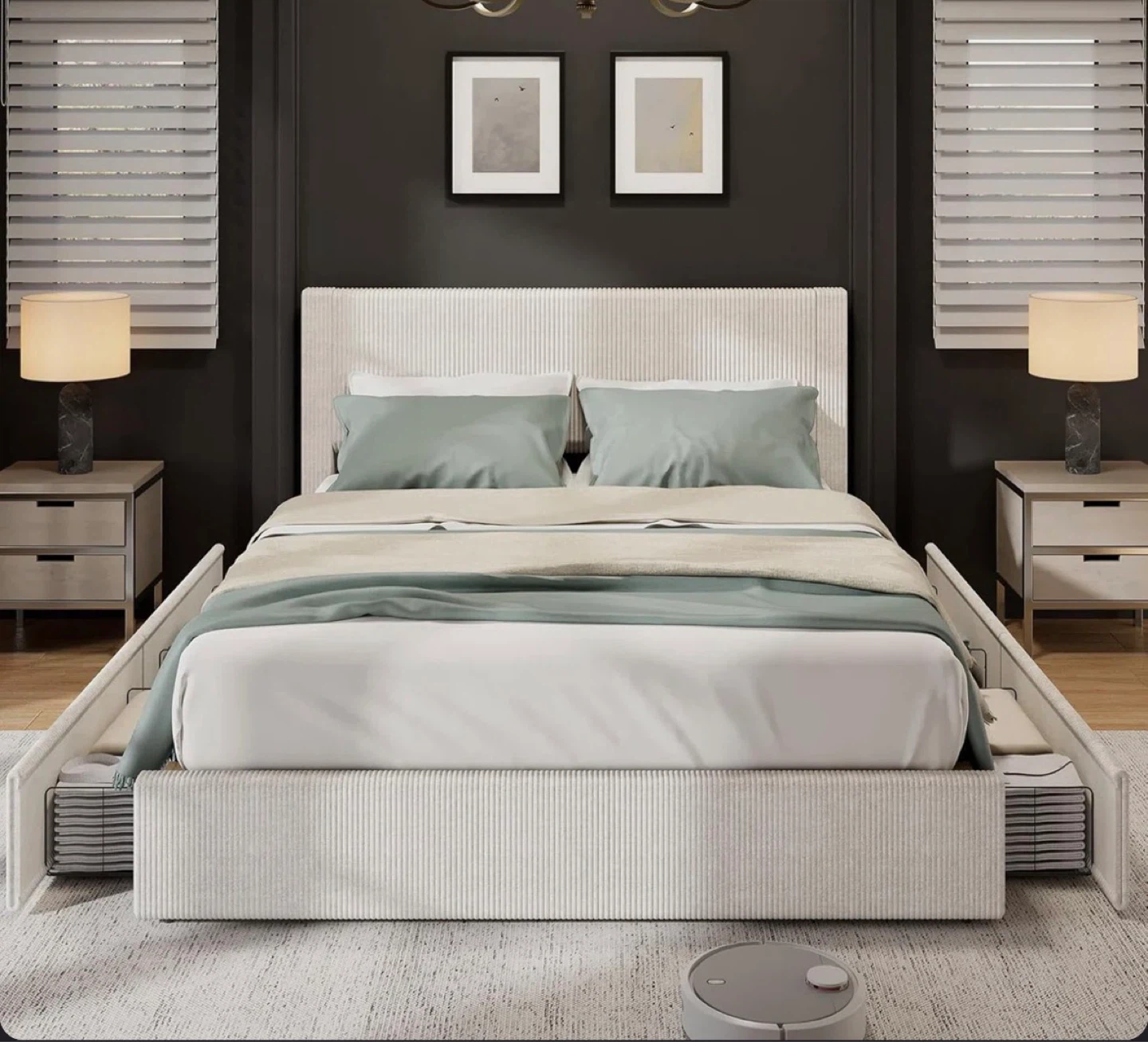 Queen Size Platform Bed with 4 Storage Drawers - Corduroy Fabric - photo 2