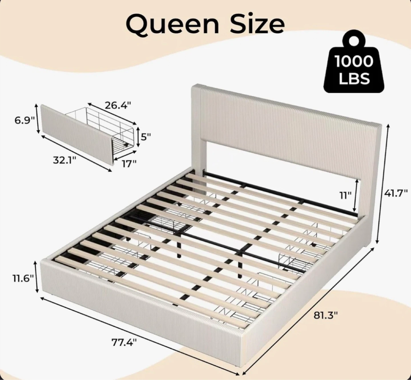 Queen Size Platform Bed with 4 Storage Drawers - Corduroy Fabric - photo 4