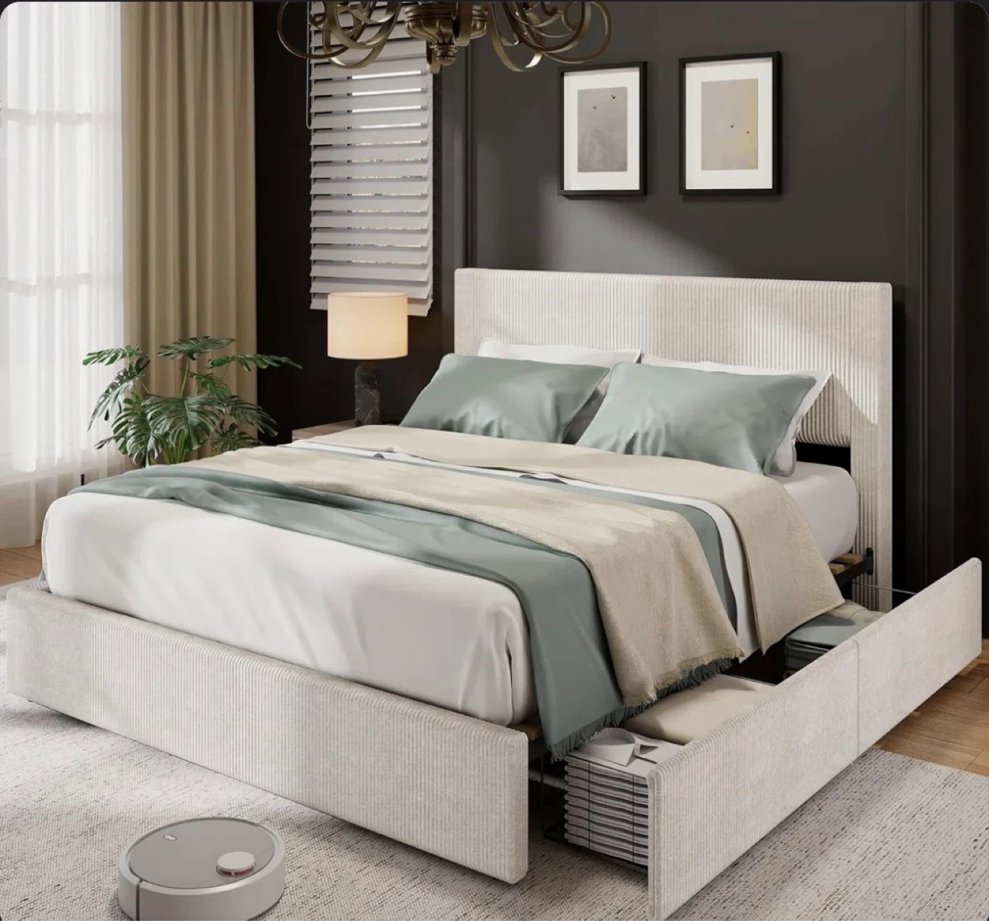 Queen Size Platform Bed with 4 Storage Drawers - Corduroy Fabric