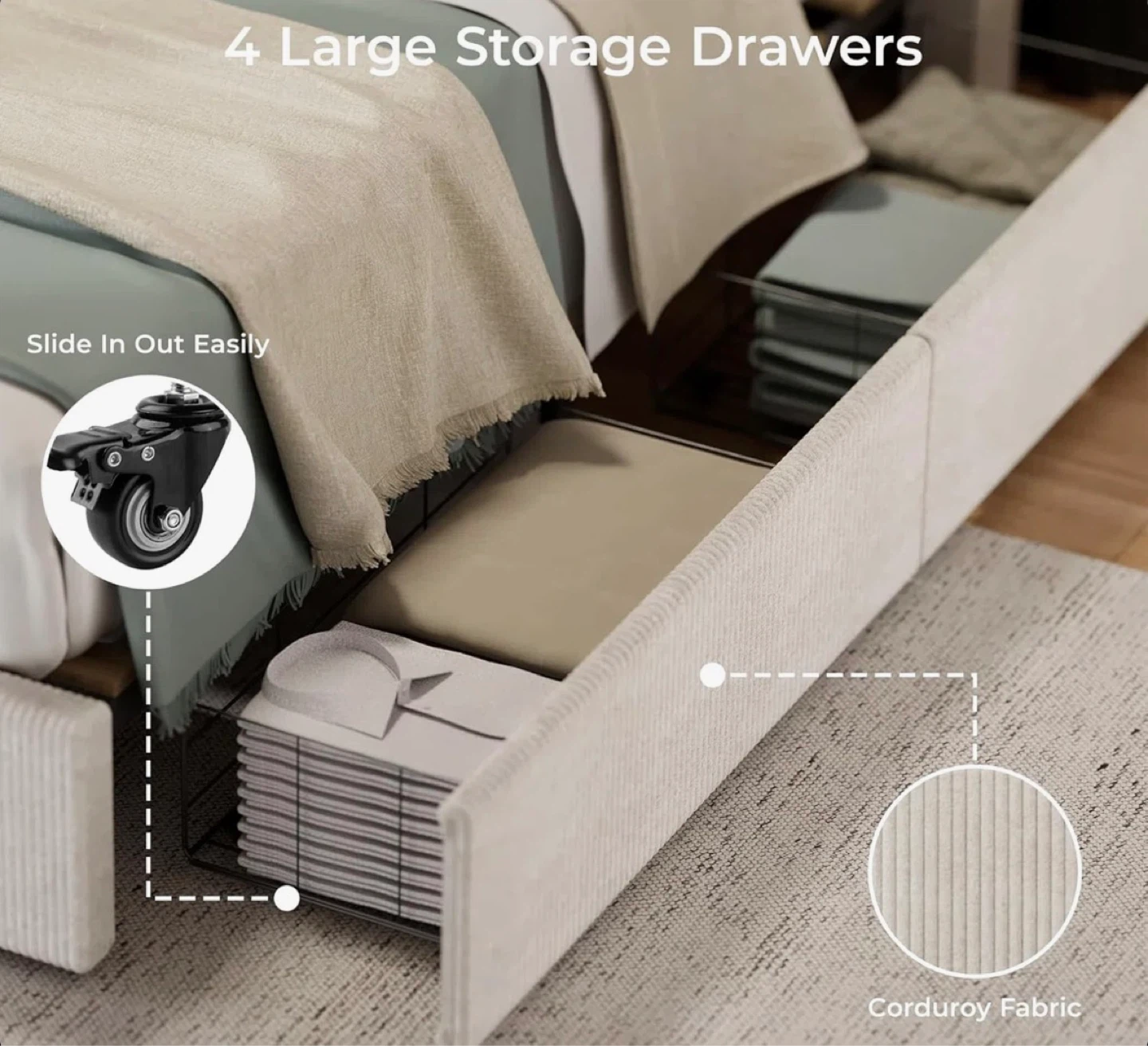 Queen Size Platform Bed with 4 Storage Drawers - Corduroy Fabric - photo 3