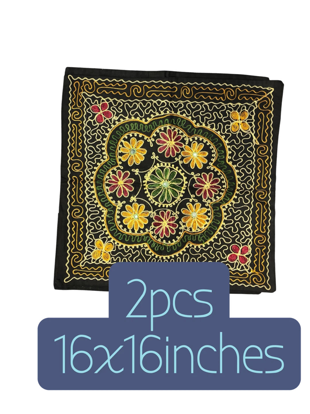 2 Embroidered Cushion Covers 16x16 Inches