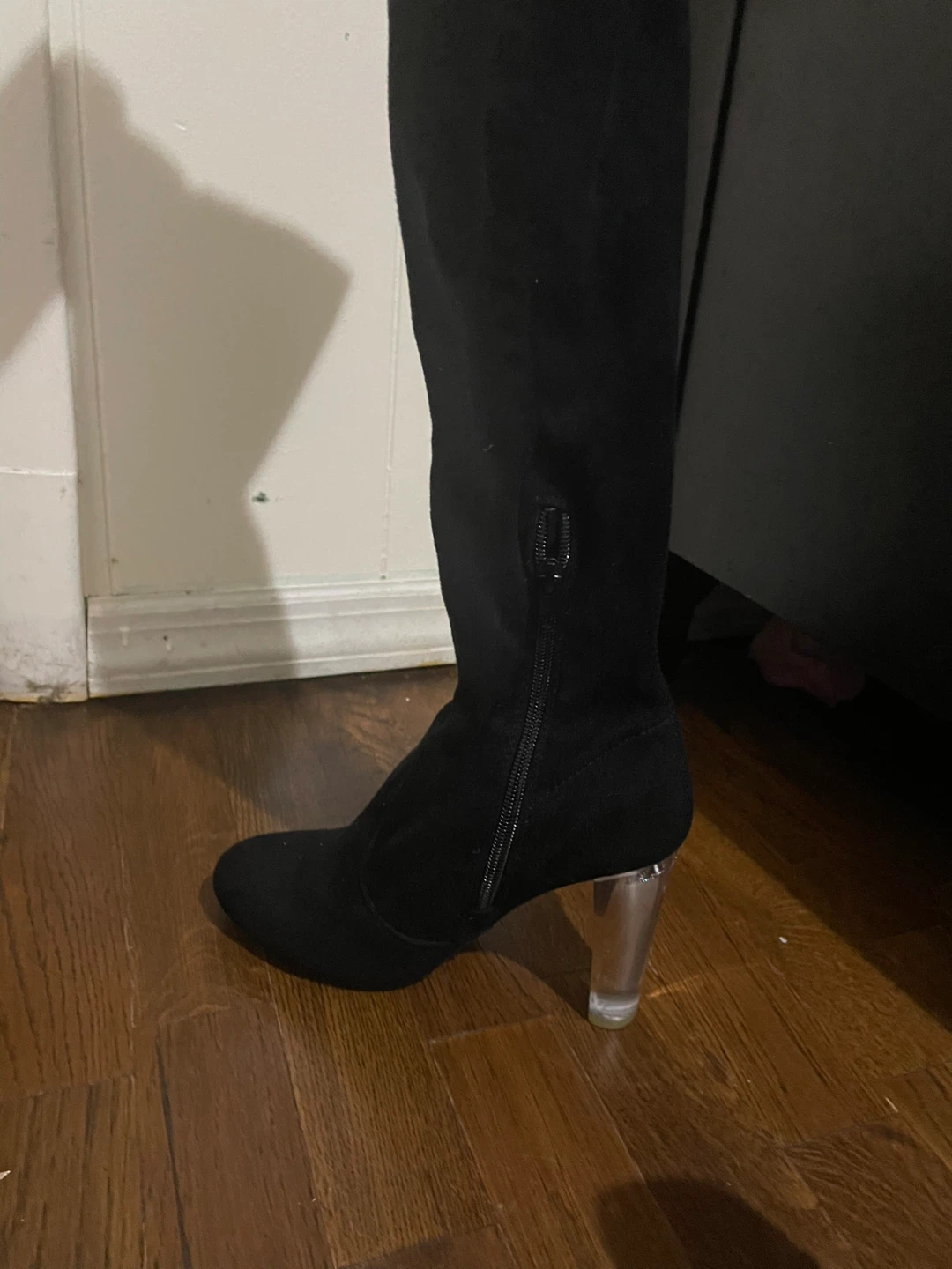 Black Suede Over-the-Knee Boots with Clear Block Heels