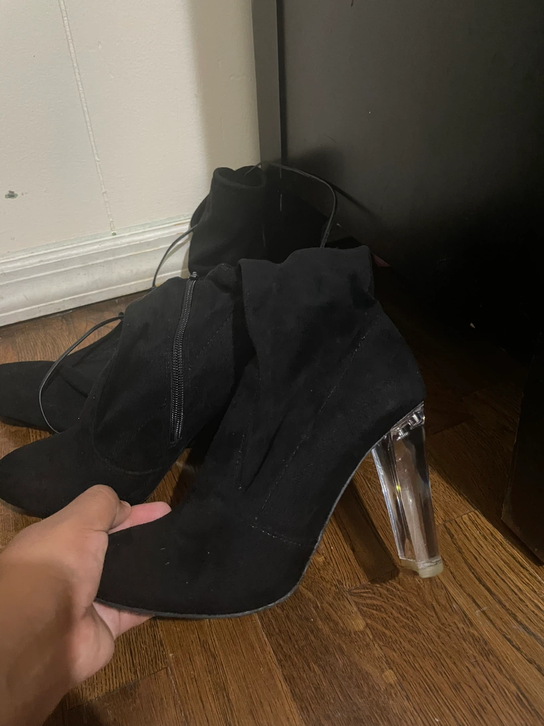 Black Suede Over-the-Knee Boots with Clear Block Heels - photo 2