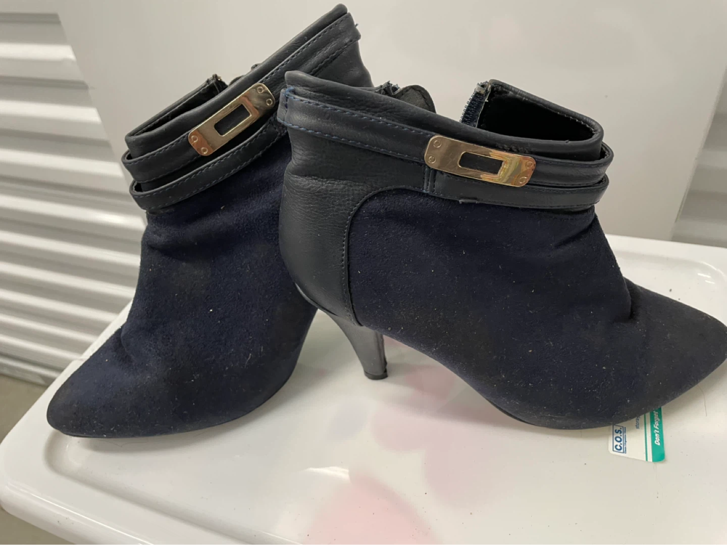 Navy Blue Heeled Ankle Boots with Gold Buckle Accent