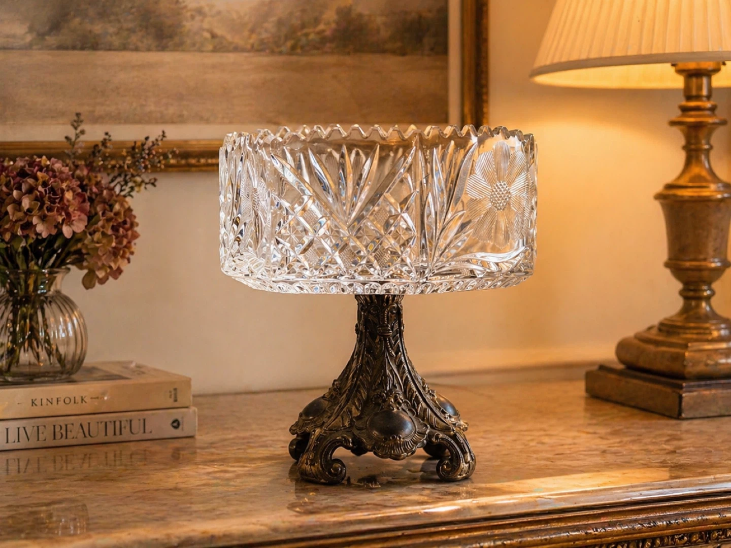 Vintage Crystal Serving Bowl – Bronze Base