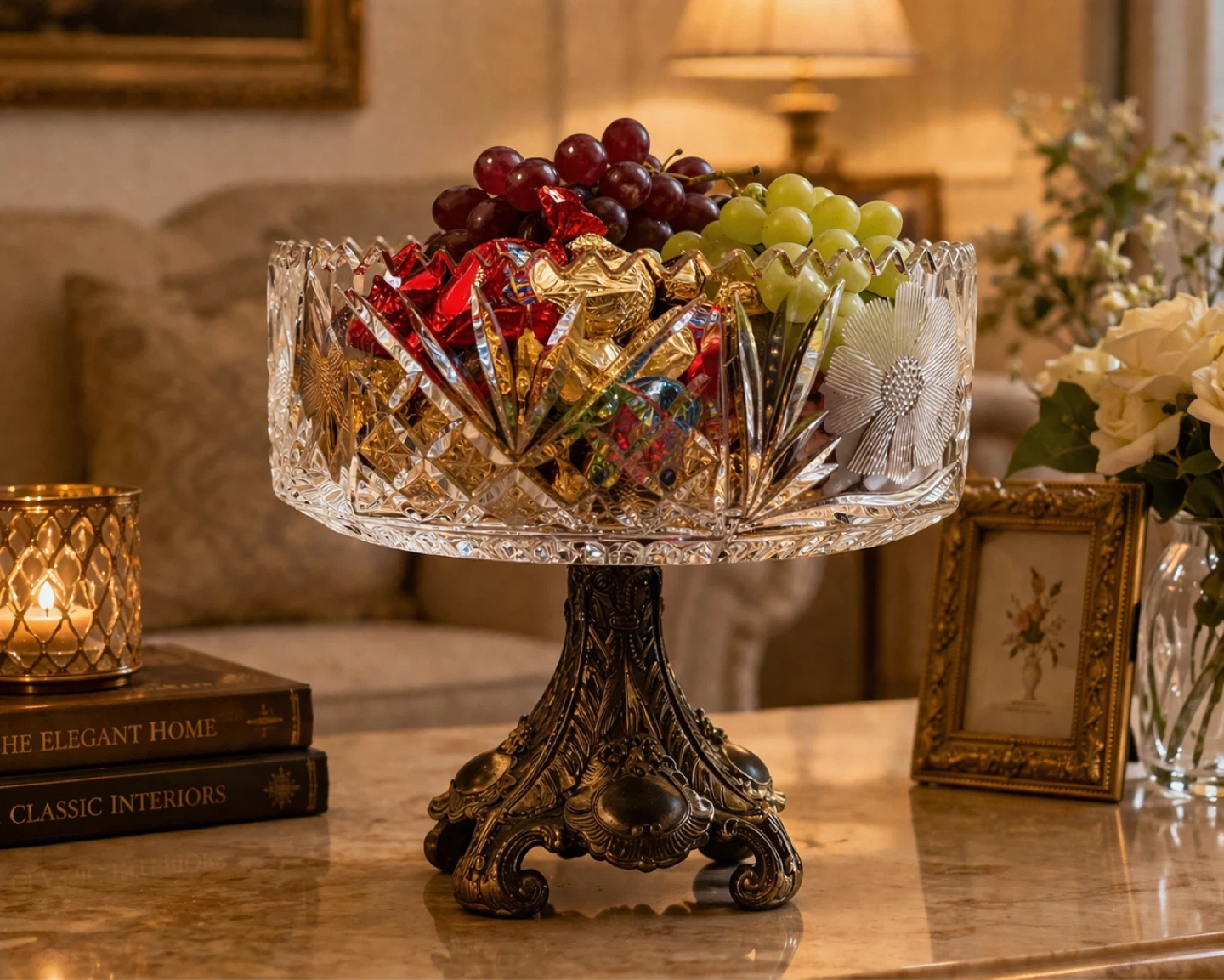 Vintage Crystal Serving Bowl – Bronze Base - photo 2