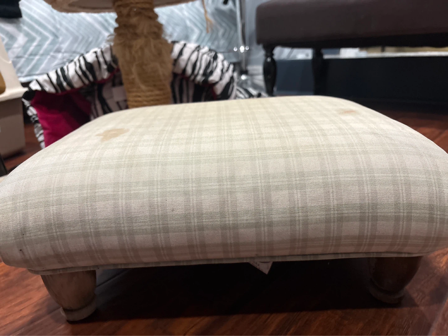 Small Footstool with Plaid Upholstery