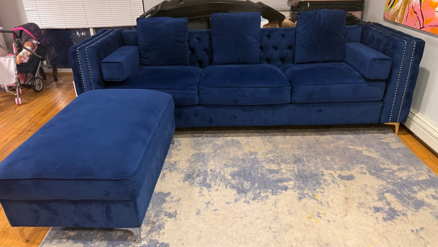 Deep Blue Velvet Sofa with Ottoman