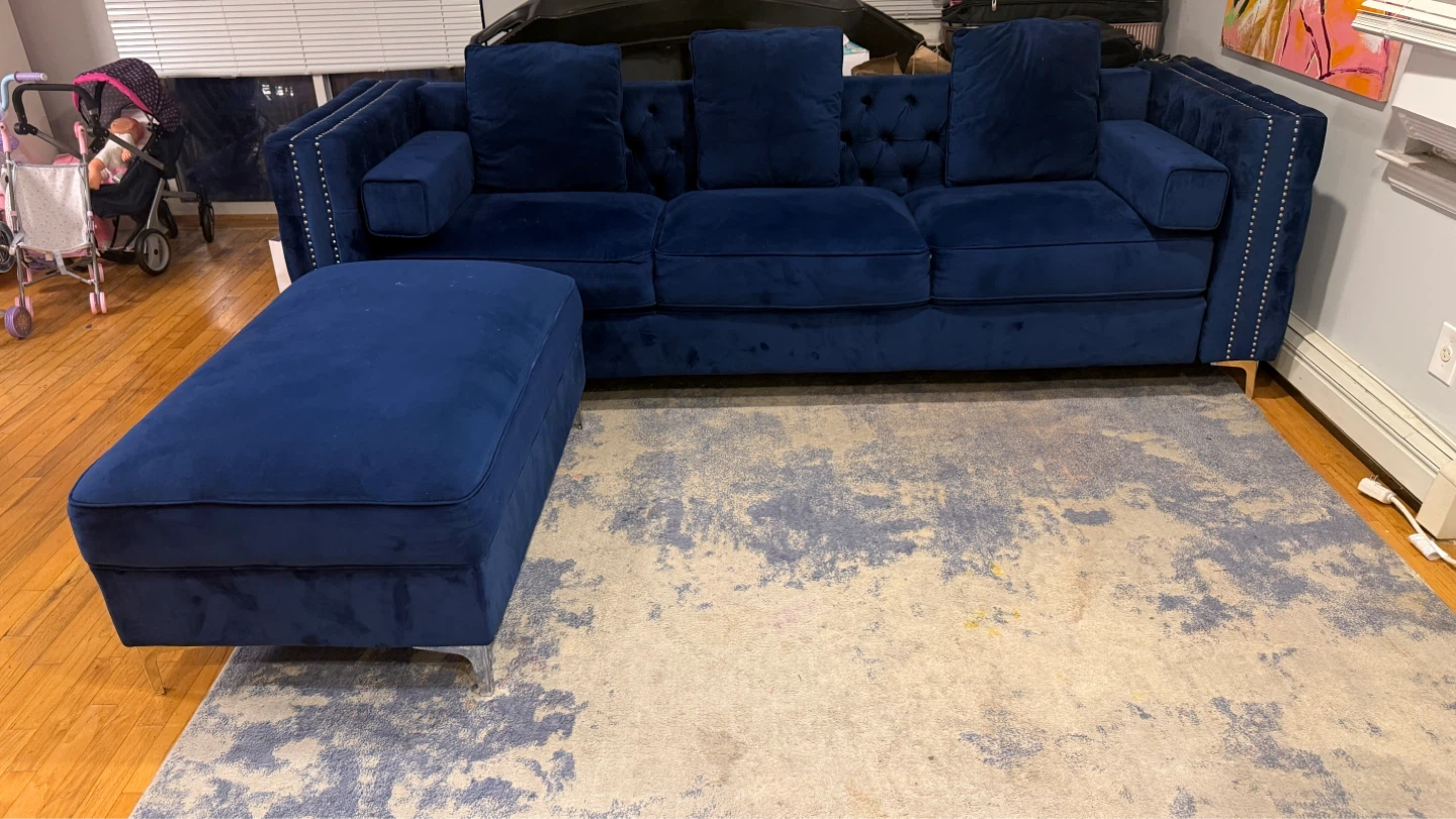 Deep Blue Velvet Sofa with Ottoman - photo 2