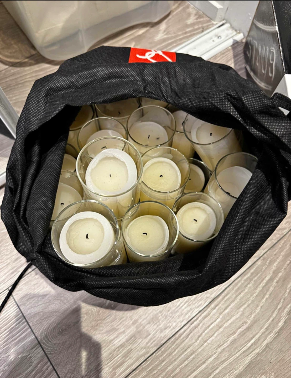 Set of 18 Candles and Glass Hurricane Vases