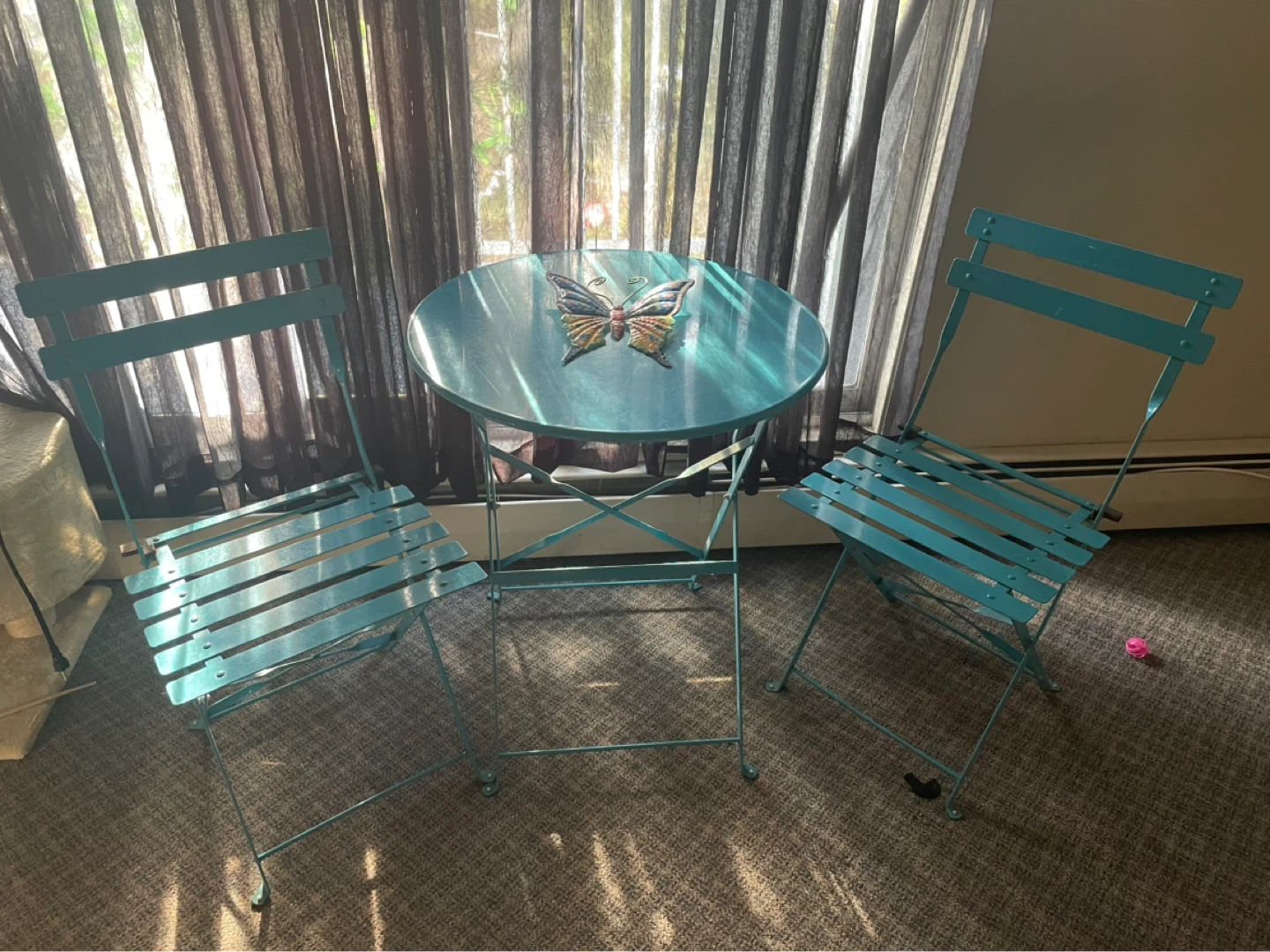 Teal Metal Bistro Set with Butterfly Accent
