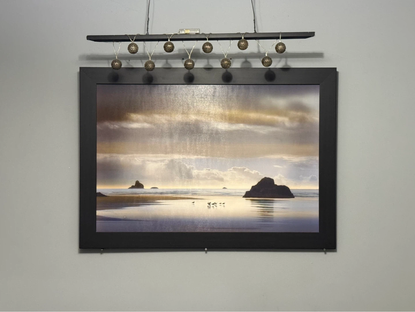 Framed Beach Sunset Art Print with Lights
