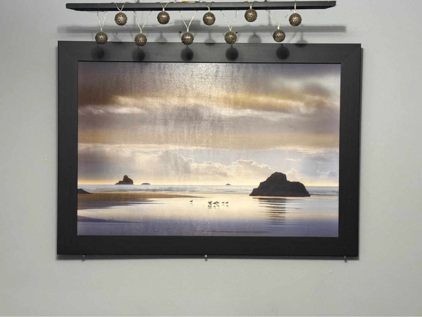 Framed Beach Sunset Art Print with Lights - photo 2