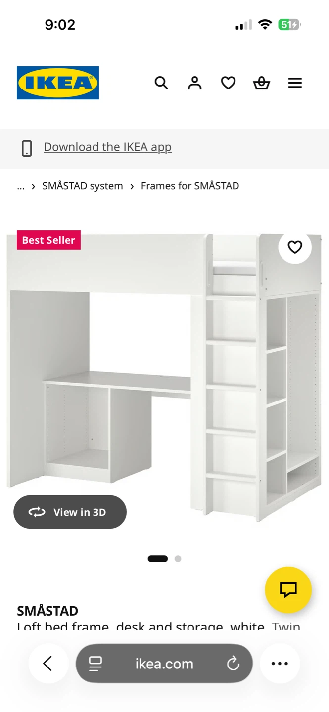 IKEA SMÅSTAD Loft Bed Frame with Desk and Storage - White