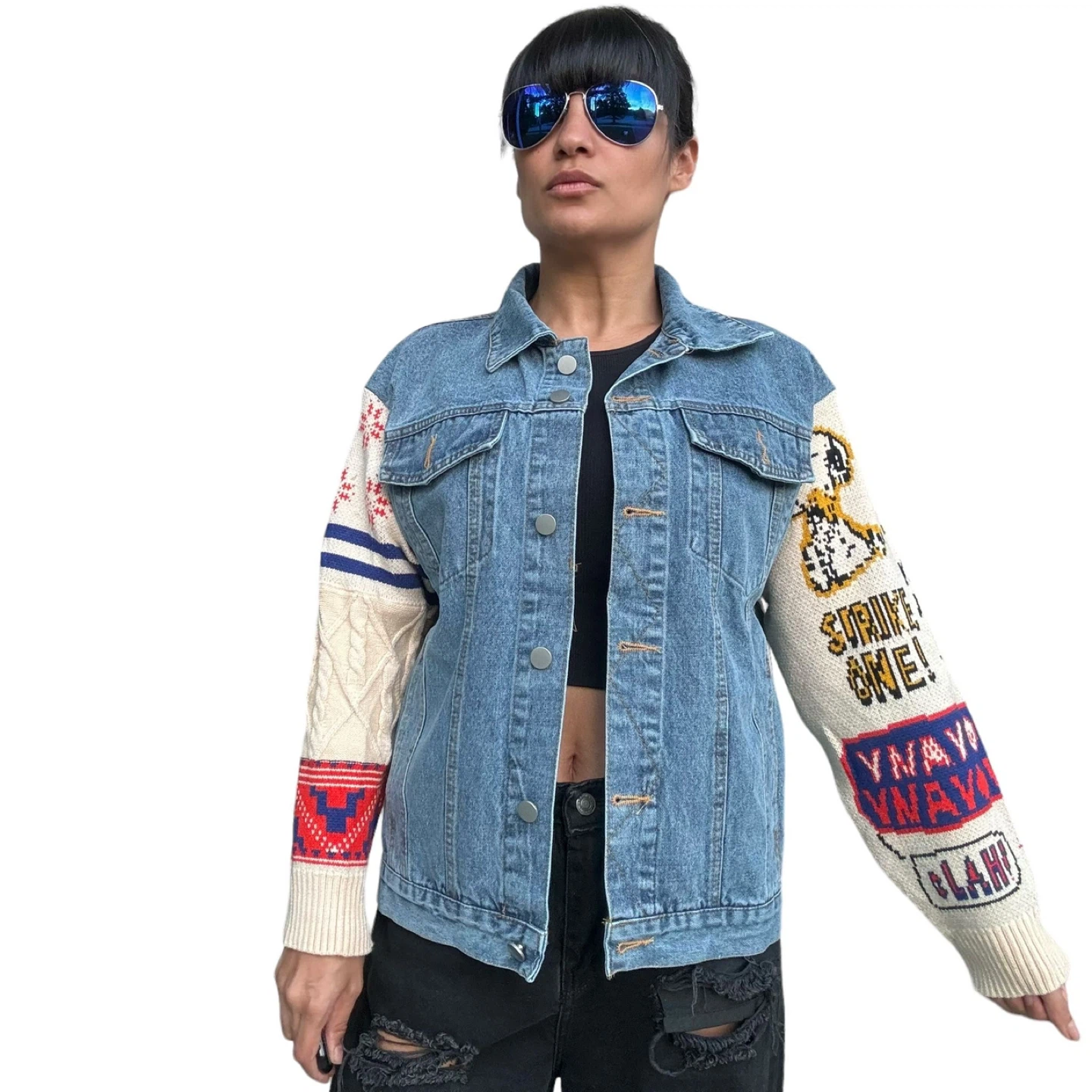 Snoopy Denim Jacket with Knit Sleeves - photo 5