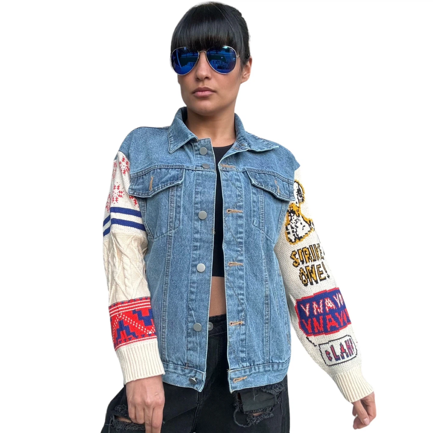 Snoopy Denim Jacket with Knit Sleeves - photo 3