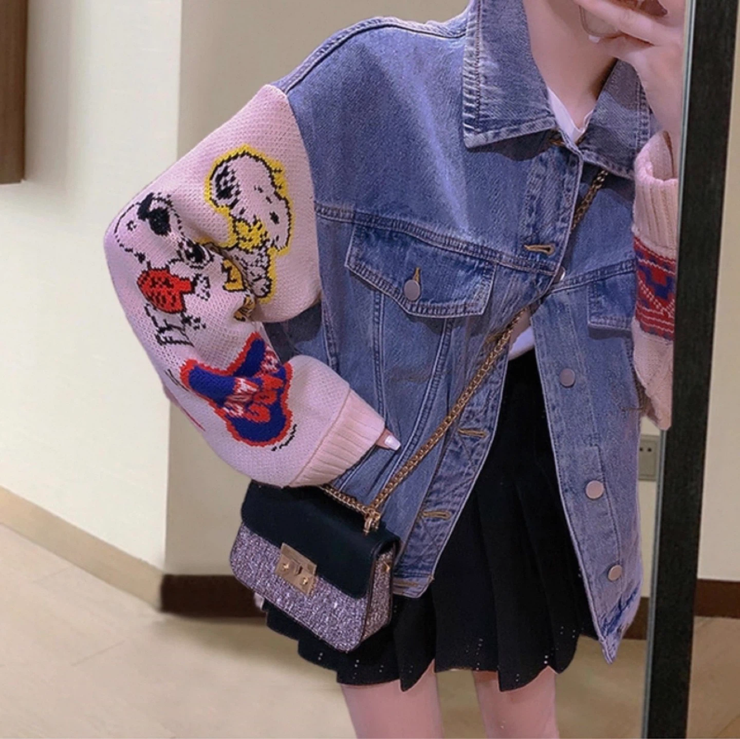 Snoopy Denim Jacket with Knit Sleeves